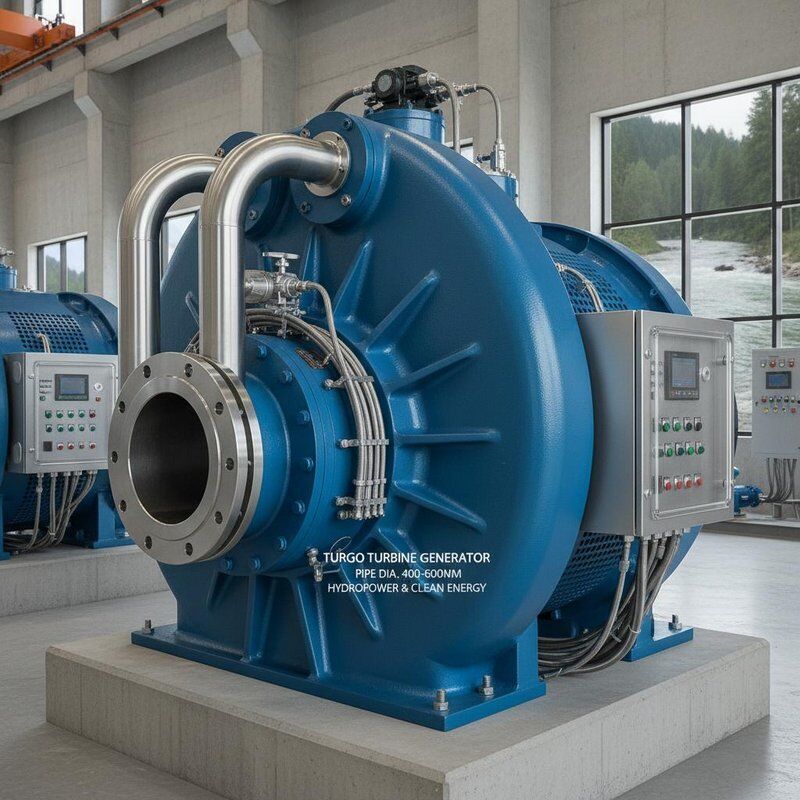 Turgoturbinegenerator met een buisdiameter van 400-600 mm, tot 87% efficiëntie en een werkingsbereik van 15 m tot 300 m voor waterkrachtopwekking